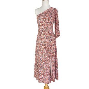 American Eagle One Shoulder Multicolor Floral Dress Size S Fit Flare Front Slit
